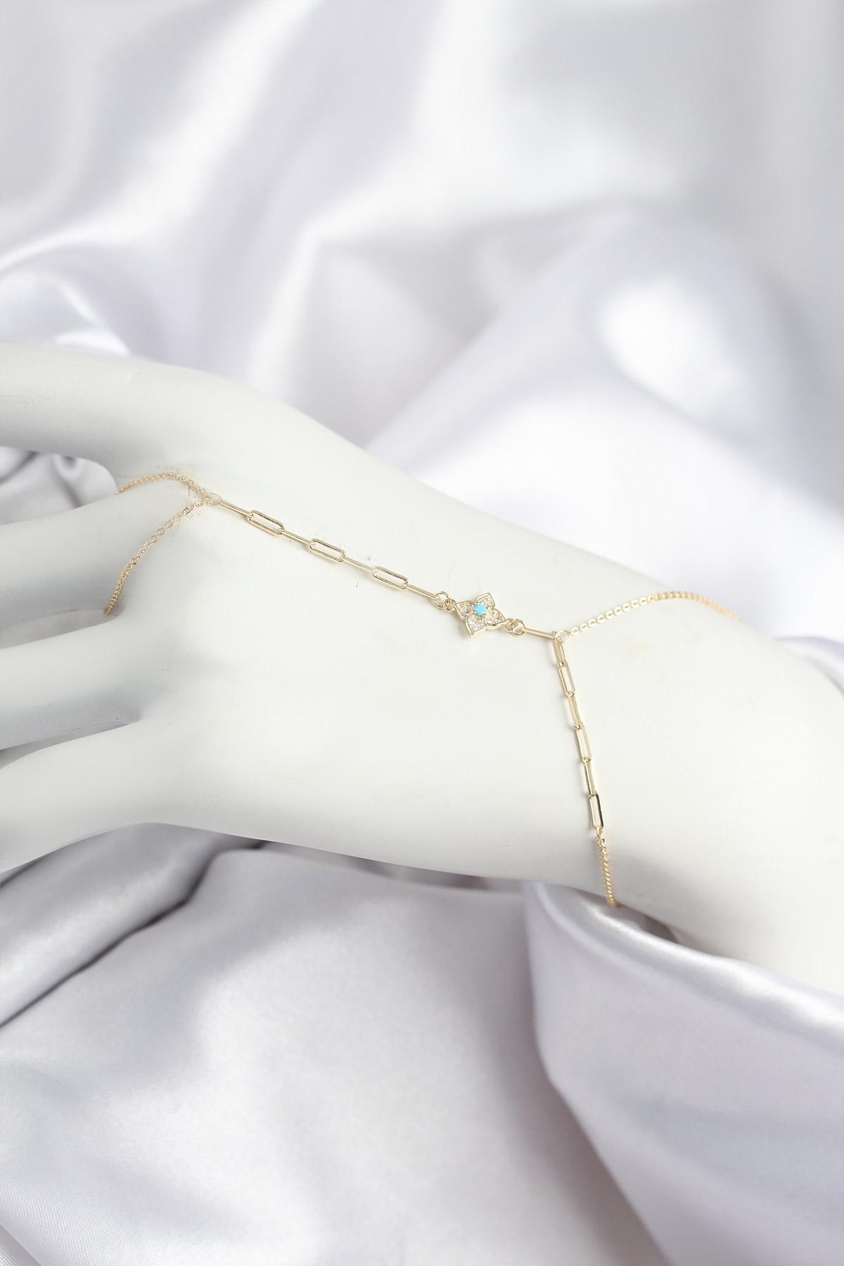 Pirinç Zirkon Taşlı Mavi Boncuklu Yonca Model Gold Renk Şahmeran