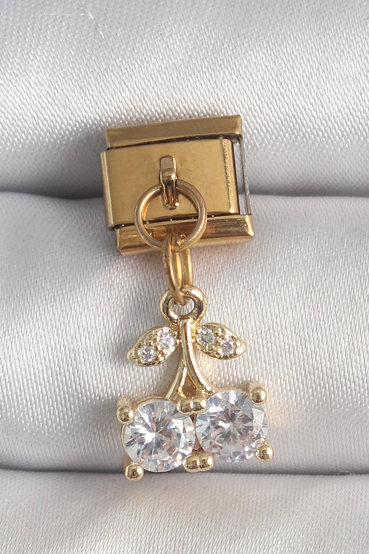 316L Çelik Gold Renk Sallantı Zirkon Taşlı Kiraz Model Nomination Charm