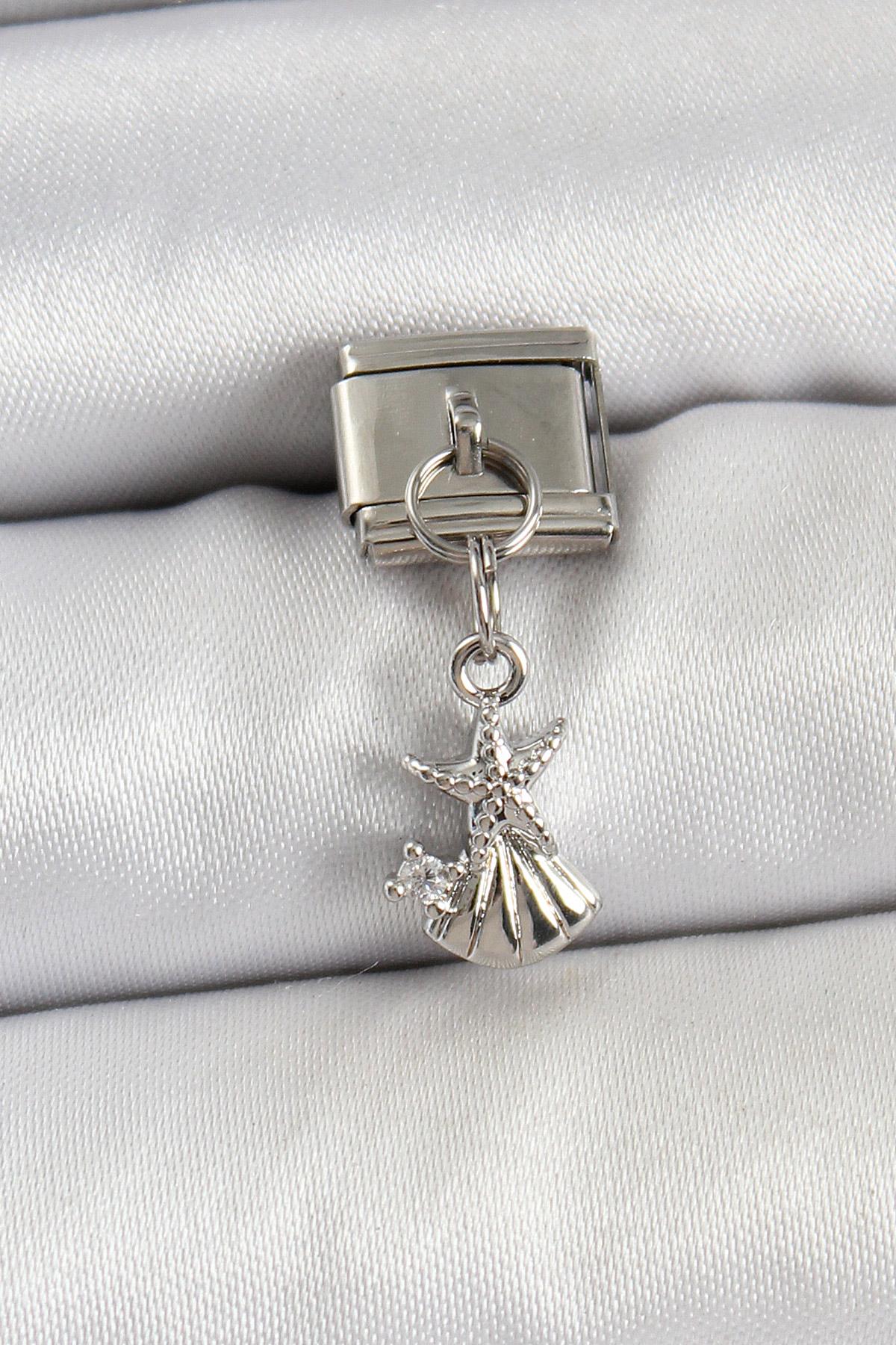 316L Çelik Sallantılı Zirkon Taşlı Deniz Yıldızı Ve İstiridye Model Gümüş Renk Nomination Charm