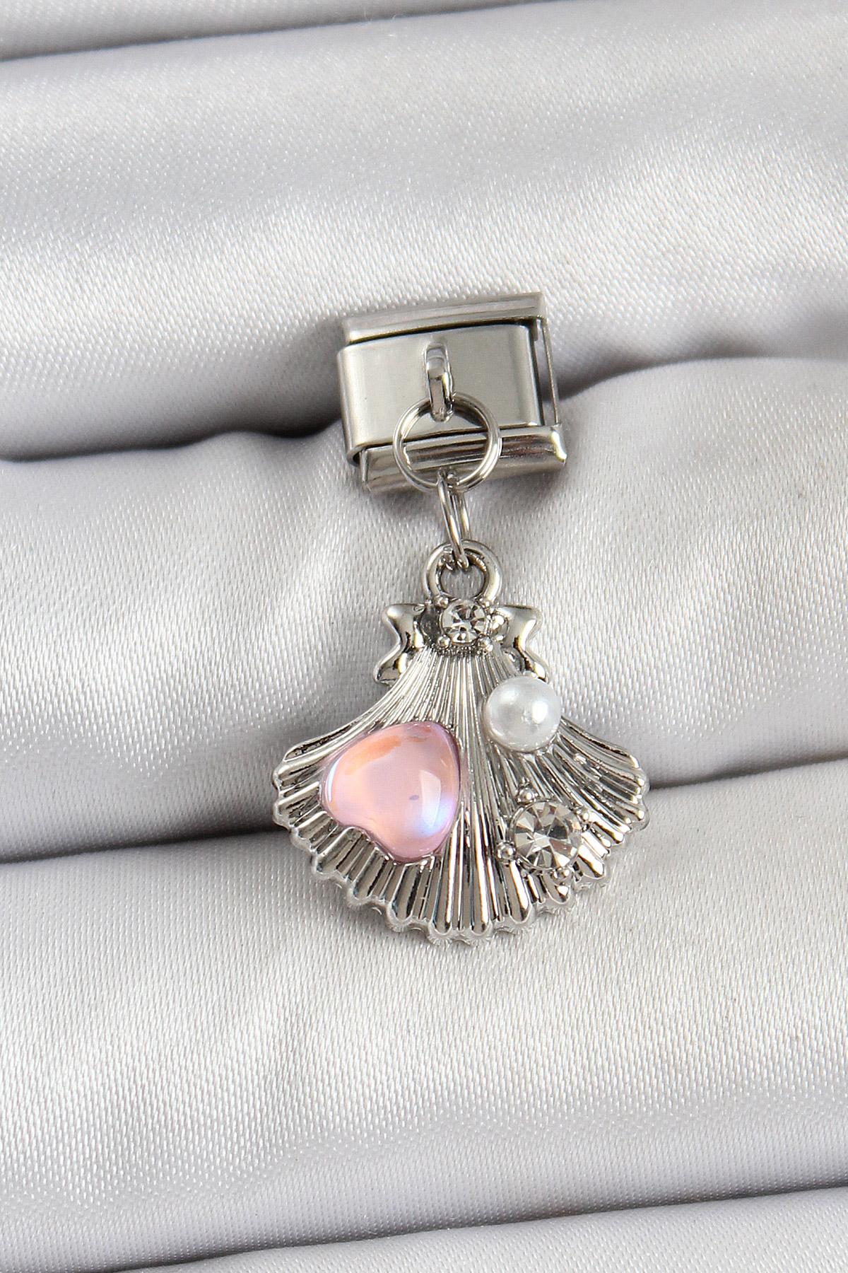 316L Çelik Sallantılı İnci Detaylı İstiridye Model Gümüş Renk Nomination Charm