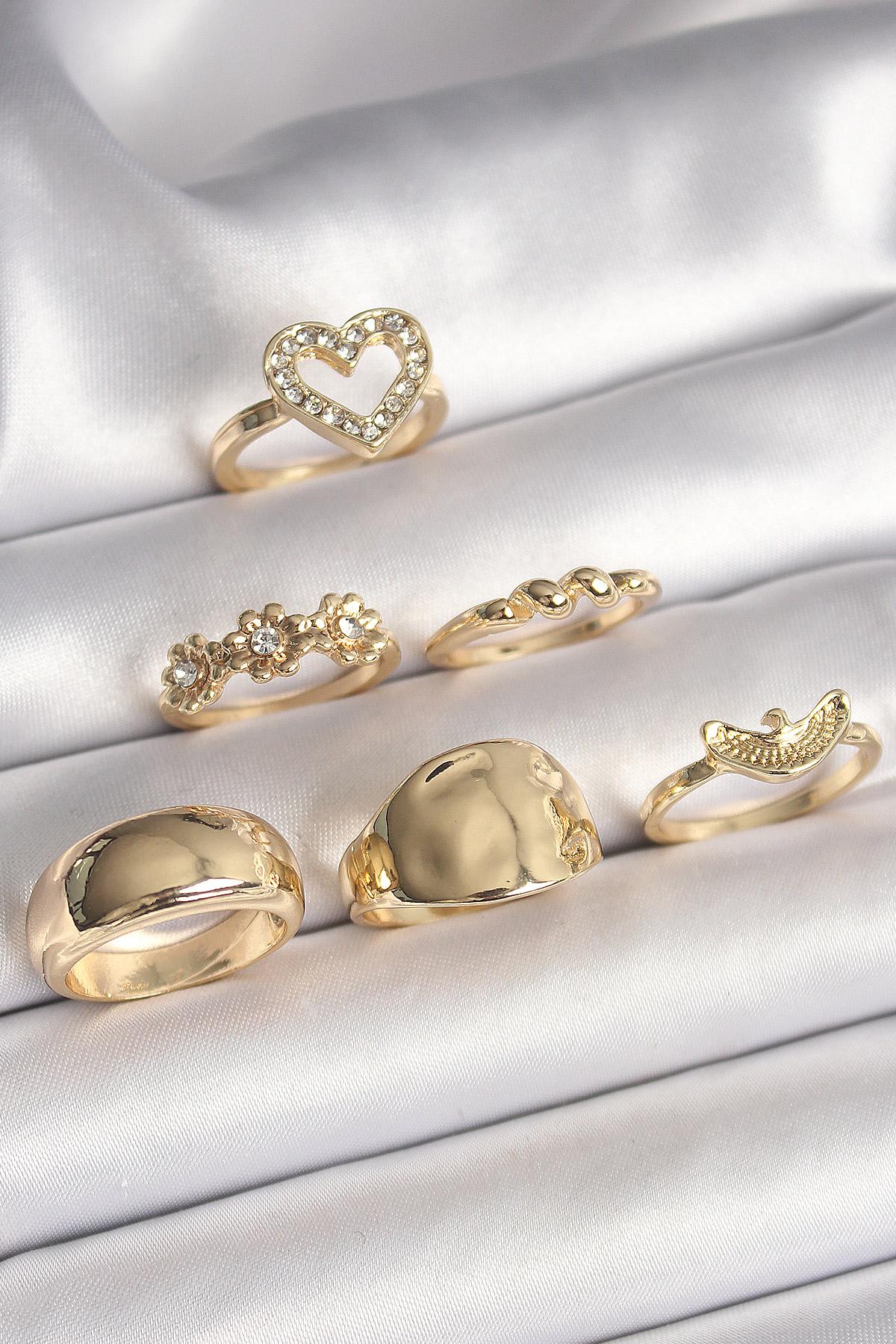 Pirinç Gold Renk Zirkon Taşlı Kalp Figür Kuş Detay 6Lı Kadın Küpe Seti