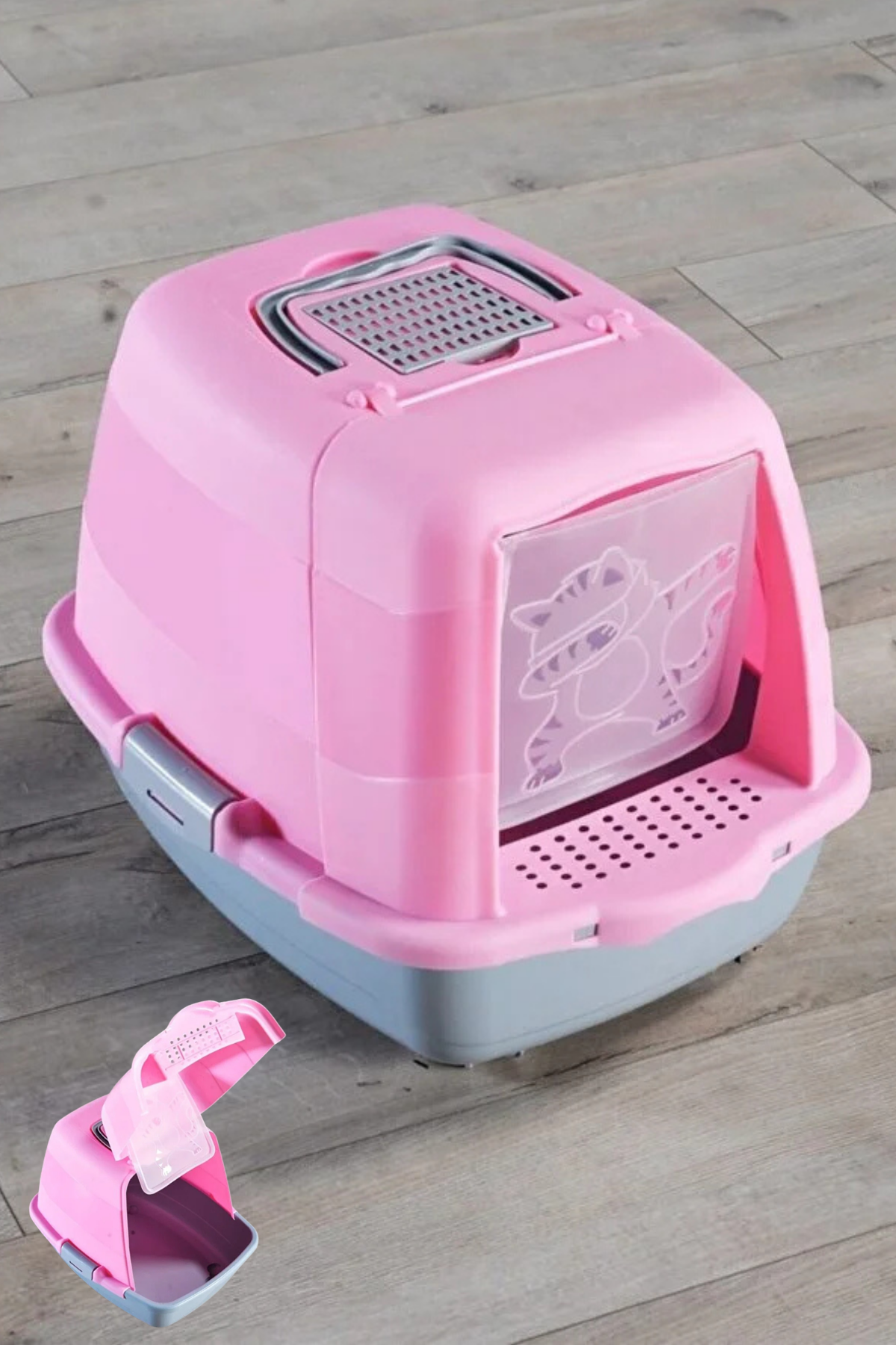 Kapalı Kedi Tuvaleti Kedi Figürlü Pembe